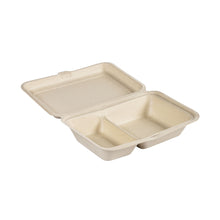 Eine Clamshell 470/300 ml - unbeschichtet 2 Braun Bagasse Verpackung (255x170x65 mm) von Duni GmbH, hergestellt aus nachhaltiger Lebensmittelverpackung, verfügt über zwei Fächer mit Scharnierdeckel und ist offen auf weißem Hintergrund abgebildet. Packung: 50 Stück.
