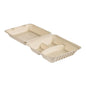 Η Duni GmbH Clamshell 350/120/120 ml, μη επικαλυμμένη 3 Καφέ Bagasse (235x235x90 mm), είναι ένα μπεζ, ορθογώνιο δοχείο μεταφοράς με δύο διαμερίσματα, κατασκευασμένο από βιοαποδομήσιμο bagasse. Απεικονίζεται ανοιχτό· συσκευασία με 50 τεμάχια.