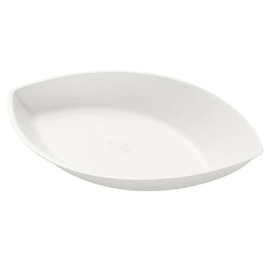 Die Schale Demo Piatto 140 ml - unbeschichtet Weiß Bagasse 175x104x35 von Duni GmbH, eine weiße ovale Einwegschale mit erhabenen Rändern und dezent geprägtem Logo, ist aus umweltfreundlicher Bagasse hergestellt. Abgebildet in einer Packung mit 35 Stück auf weißem Hintergrund.