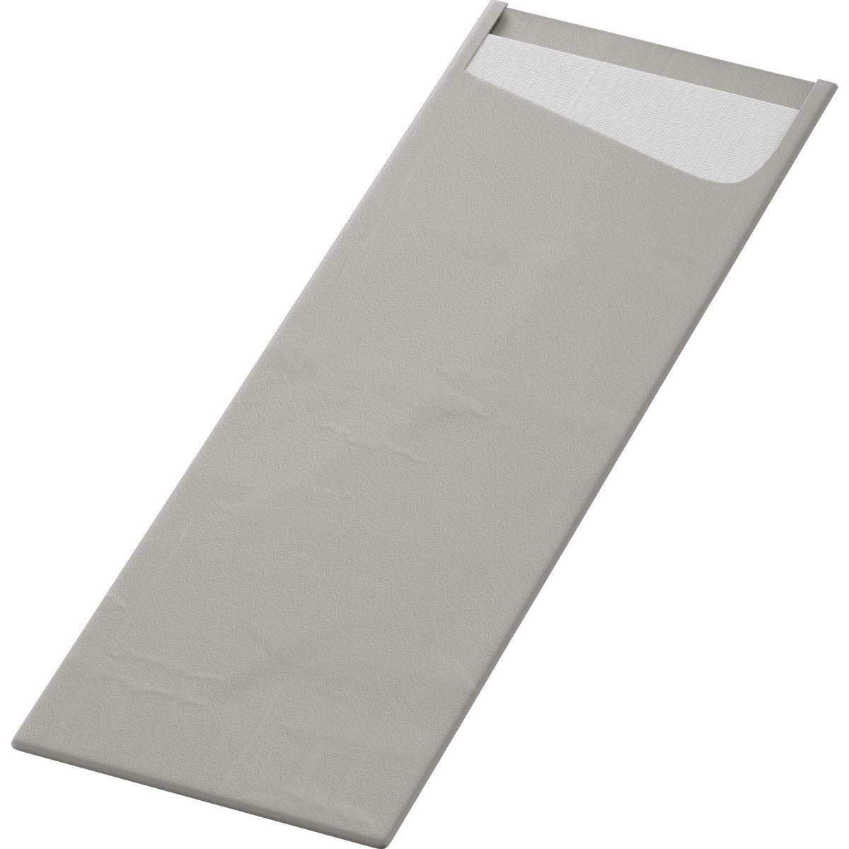 Η τσάντα SACCHETTO Bio D-Soft Slim της Duni GmbH είναι μια γκρι, ορθογώνια τσάντα με ανάγλυφη επιφάνεια και ανοιχτό άκρο, η οποία διαθέτει λευκή εσωτερική επένδυση. Παρουσιάζεται σε επίπεδη μορφή πάνω σε λευκό φόντο — ιδανική για ευαίσθητα ρούχα.