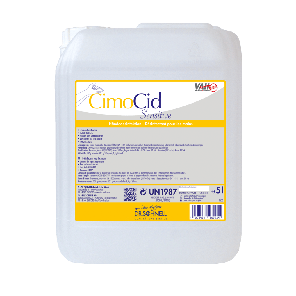 Το λευκό δοχείο 5L από πλαστικό της Dr. Schnell CIMOCID SENSITIVE απολύμανσης χεριών της DR.SCHNELL GmbH & Co. KGaA με κίτρινη ετικέτα προσφέρει απαλό προστασία δέρματος και αποτελεσματική μείωση μικροβίων με πολυγλωσσικές οδηγίες χρήσης και ασφάλειας.