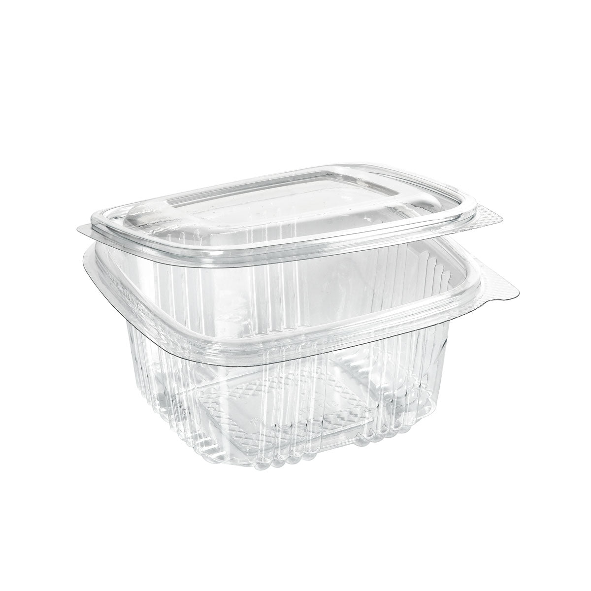 Der rPET Deli Hinged Transparent von Duni GmbH ist ein klarer, rechteckiger Deli-Behälter aus recyceltem PET mit einem Scharnierdeckel. Diese leere, transparente Verpackung ist isoliert auf einem weißen Hintergrund abgebildet und eignet sich ideal zum Mitnehmen oder zur Aufbewahrung von Resten.