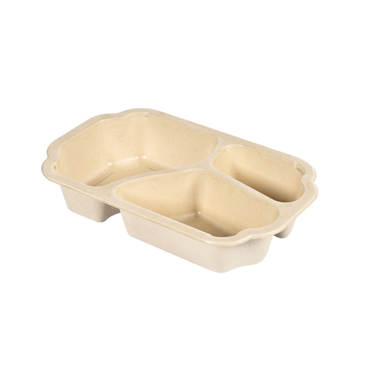 Ο δίσκος Take-Away Fibre 3-comp 3 Natur της Duni GmbH (Bagasse, επικαλυμμένος, 250x159x48 mm) - φιλικός προς το περιβάλλον, βιοδιασπώμενος και ιδανικός για Take-Away, εδώ εμφανίζεται κενός μπροστά από λευκό φόντο. Συσκευασία με 225 κομμάτια.