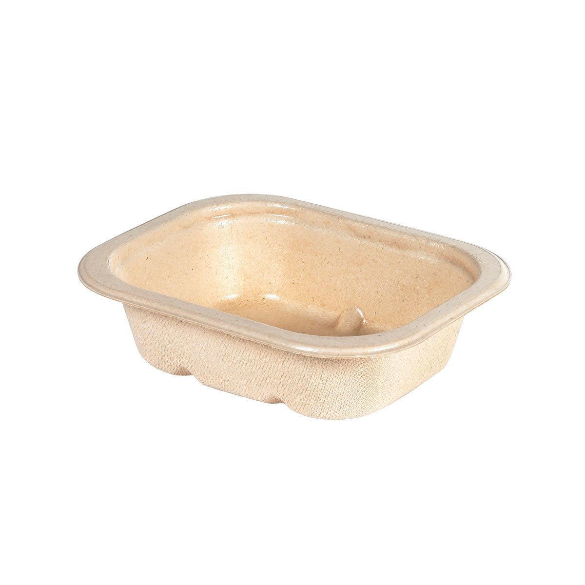Ένα ορθογώνιο, μπεζ Tray Side Dish Fibre 1-Comp 37 mm Natur Coated Bagasse (140x116x37mm) από την Duni GmbH, κατασκευασμένο από κομποστοποιήσιμες μορφοποιημένες ίνες, απεικονίζεται κενό σε λευκό φόντο. Μέγεθος συσκευασίας: 340 τεμάχια.