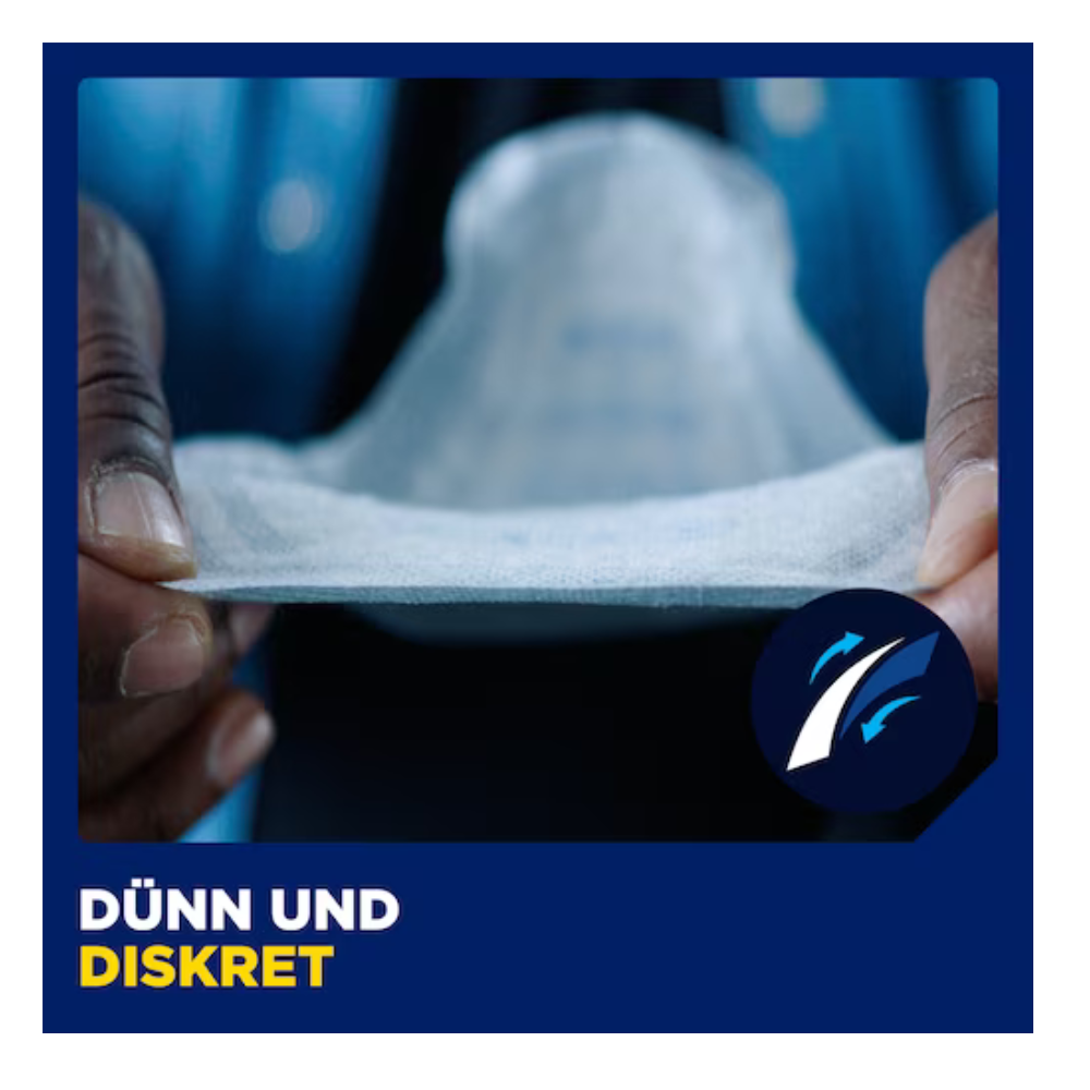 Eine Person hält mit beiden Händen eine dünne Damenbinde. Der Text "DÜNN UND DISKRET" hebt das Muster TENA Men Active Fit von TENA - Essity Germany GmbH für Männer mit Blasenschwäche hervor, sowie ein Symbol einer Binde mit Pfeilen unten rechts.