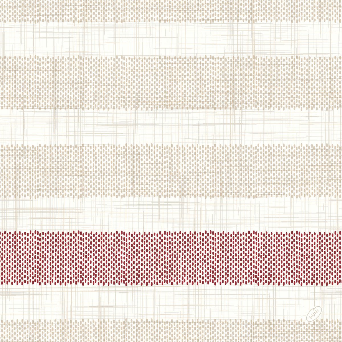 Οι χαρτοπετσέτες Dunilin 40x40 cm, Rigato Bordeaux από την Duni GmbH έχουν λευκό φόντο με ανοιχτό μπεζ οριζόντιες ρίγες και μια έντονη κόκκινη ρίγα με τελείες στο κάτω μέρος. Συσκευασία με 45 υψηλής ποιότητας χαρτοπετσέτες - ιδανική για μια κομψή διακόσμηση τραπεζιού.