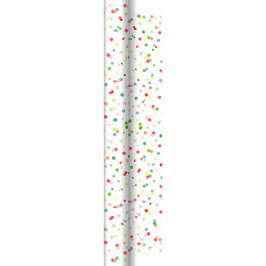 Die Dunicel-Rolle 40x0,90m Happy Bubbles von Duni GmbH ist eine Rolle mit buntem Tupfenpapier - ideal für Bastelprojekte oder Raumdekorationen - aufrecht stehend vor weißem Hintergrund.