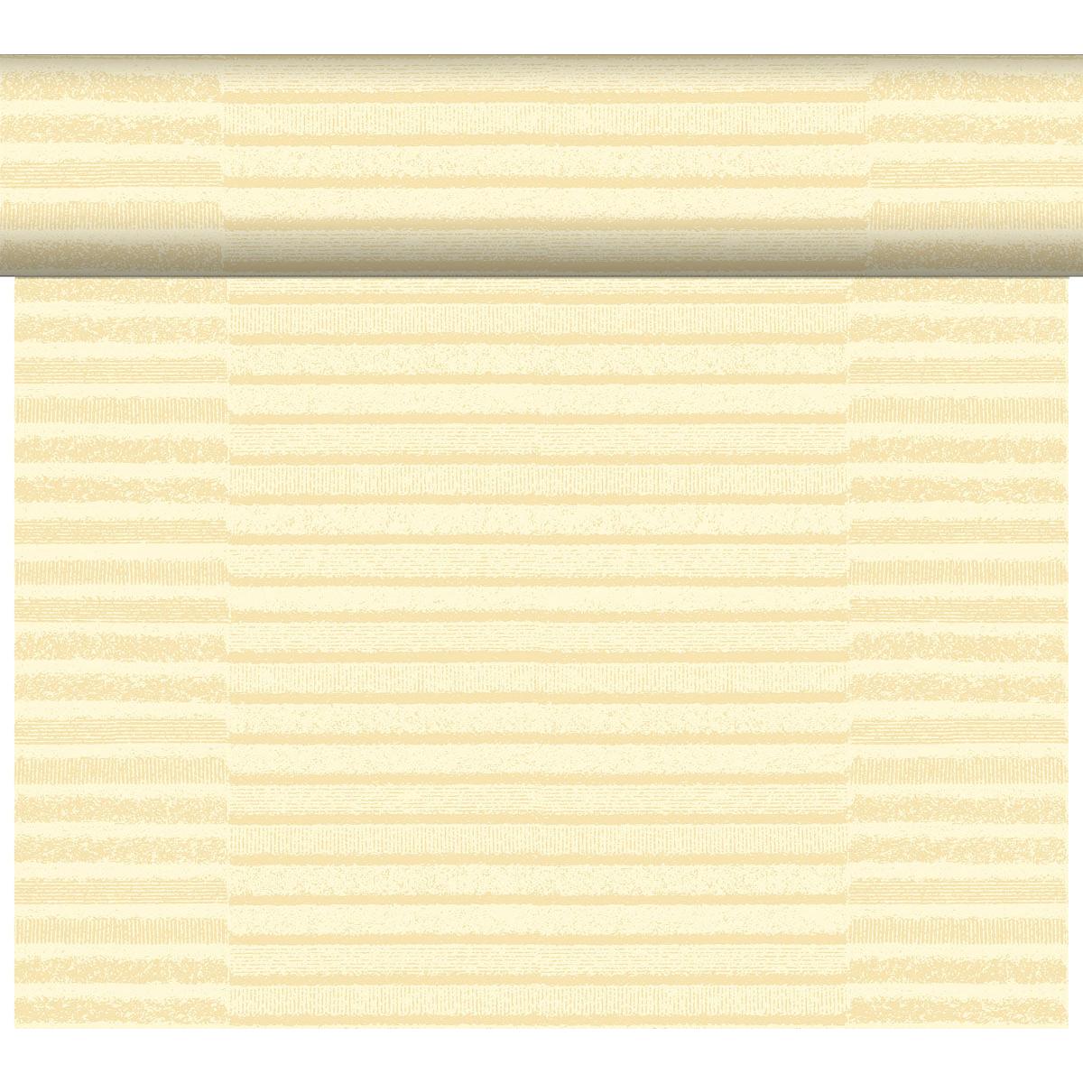 Μια μερικώς ξετυλιγμένη ρολό του DC-Tete a Tete 0,4x24m Tessuto creme της Duni GmbH δείχνει τη φωτεινή κίτρινη, διακριτικά ριγέ δομή του, που δημιουργεί μια κομψή, απαλή εμφάνιση με στρώσεις, που θυμίζει ένα υψηλής ποιότητας ύφασμα - μια κομψή διακόσμηση τραπεζιού σε μια συσκευασία.