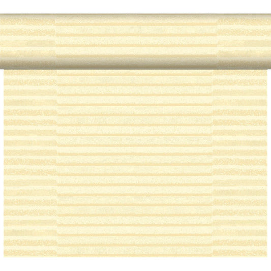 Eine teilweise ausgerollte Rolle des DC-Tete a Tete 0,4x24m Tessuto creme der Duni GmbH zeigt seine hellgelbe, dezent gestreifte Struktur, die einen eleganten, weichen Lagenlook erzeugt, der an einen hochwertigen Stoff erinnert - ein stilvolles Tischdekor in einer Packung.