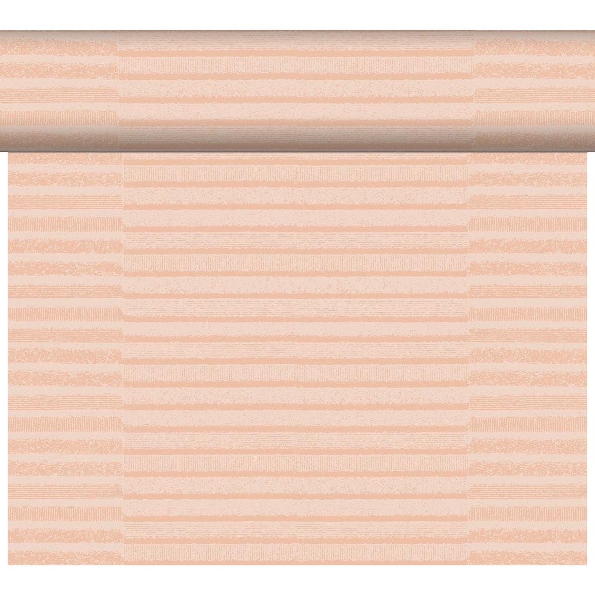 Das DC-Tete a Tete 0,4x24m Tessuto dusty pin der Duni GmbH zeigt einen hellen pfirsichfarbenen Hintergrund mit horizontalen, strukturierten Streifen in verschiedenen Pfirsich- und Beigetönen, inspiriert von hochwertigem Stoff. Die Muster sind gleichmäßig über die elegante Tischdekorrolle verteilt.