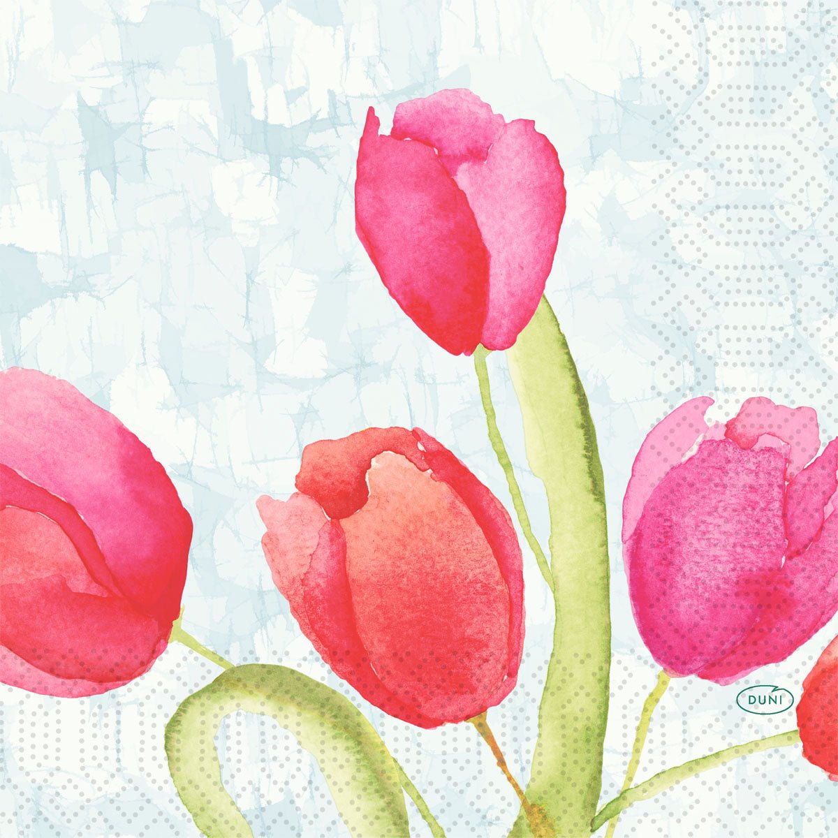 Οι χαρτοπετσέτες Duni GmbH 33 cm 3 στρώσεων 1/4-πτυχή Painted Tulips (50 τεμάχια) παρουσιάζουν ένα σχέδιο ακουαρέλας από ροζ και κόκκινες τουλίπες σε ανοιχτό μπλε, πουά φόντο - ιδανικό για κομψή διακόσμηση τραπεζιού ή υψηλής ποιότητας χαρτοπετσέτες.