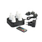 Το Duni GmbH LED Set, Θερμό λευκό & Πολύχρωμο - Φωτιστικά που αλλάζουν χρώμα (1 τεμάχιο) περιλαμβάνει τέσσερις πολύχρωμες λάμπες LED σε μια μαύρη βάση φόρτισης, ένα τηλεχειριστήριο με κουμπί χρώματος, έναν προσαρμογέα δικτύου και τρία ανταλλάξιμα βύσματα.