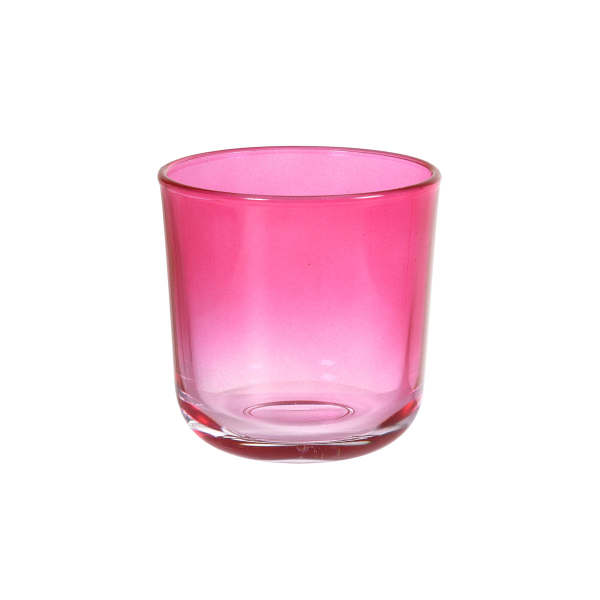 Ein fuchsiafarbener Switch & Shine Kerzenhalter aus Glas von Duni GmbH mit runder Form und stabilem Sockel steht auf weißem Grund.