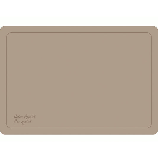 Das Dunicel-Sets 33x48cm Guten Appetit greige von Duni GmbH ist ein rechteckiges Tischset mit abgerundeten Ecken, zweizeiligem Rand und "Guten Appetit Bon appétit" in Schreibschrift - perfekt für 500 Stück Einweg-Bestecksets.