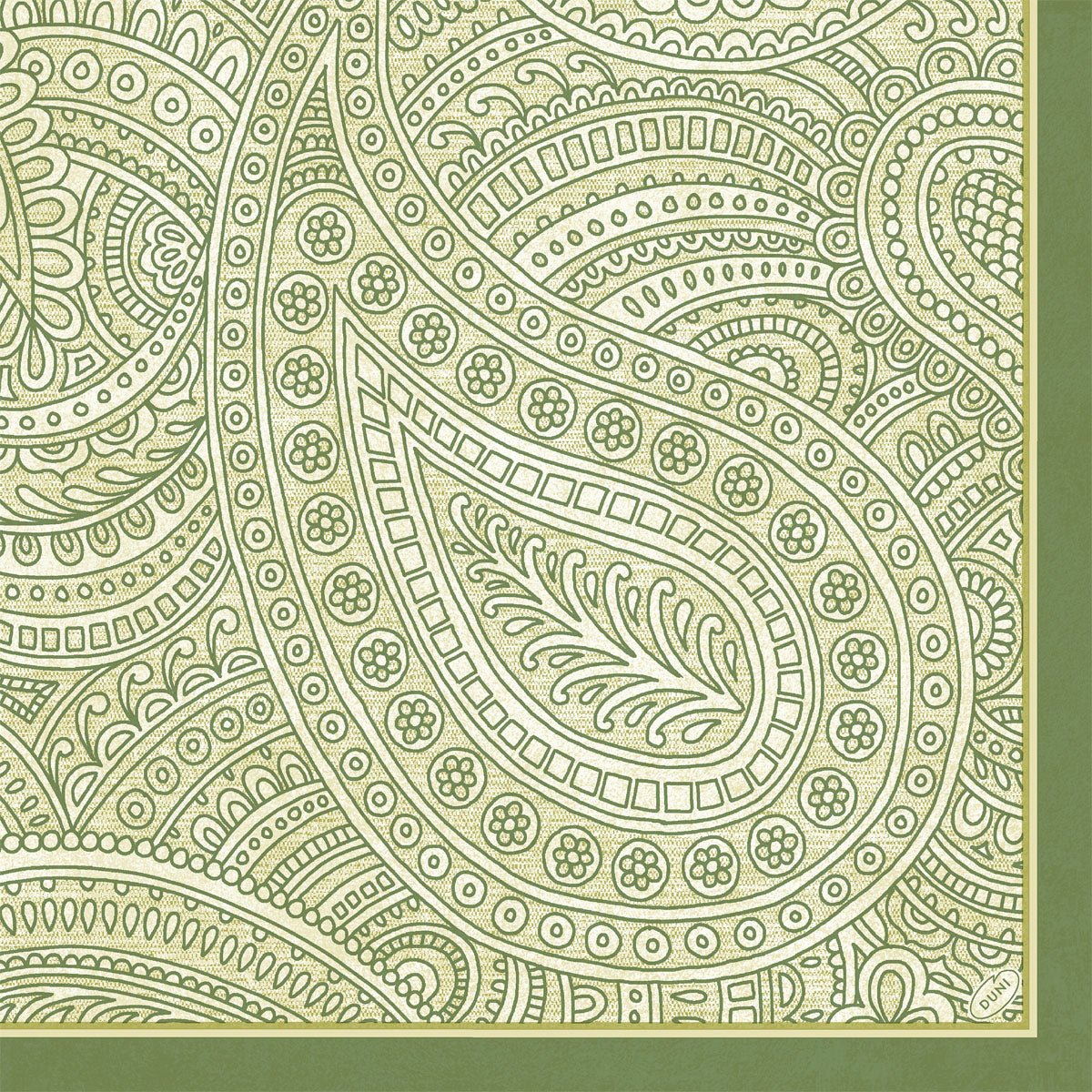 Οι χαρτοπετσέτες Duni GmbH 40x40 4-στρώσεων Klassik Paisley παρουσιάζουν ένα κομψό, πράσινο μοτίβο Paisley με λουλούδια και σχέδια με κληματίδες, περιβεβλημένο σε έντονο πράσινο. Κάθε συσκευασία περιέχει 50 ανθεκτικές χαρτοπετσέτες, ιδανικές για κομψά στρωμένα τραπέζια.