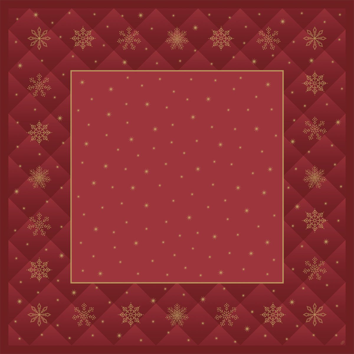 Ένα κόκκινο τετράγωνο με χρυσό περίγραμμα και χριστουγεννιάτικες νιφάδες χιονιού - ιδανικό για να χρησιμοποιήσετε το Bio-Dunicel-Mitteldecke 84x84cm Rhombus bordeaux (20 τεμάχια) της Duni GmbH ως βιώσιμο τραπεζομάντηλο για τις γιορτές.