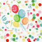 Eine Packung mit 250 Duni GmbH Zellt.-Serv.33 3lg 1/4 Happy Bubbles Ballon-Servietten zeigt fünf bunte Ballons, einen mit einem lächelnden Gesicht, umgeben von festlichem Konfetti und Luftschlangen auf weißem Hintergrund - ideal für Feiern.