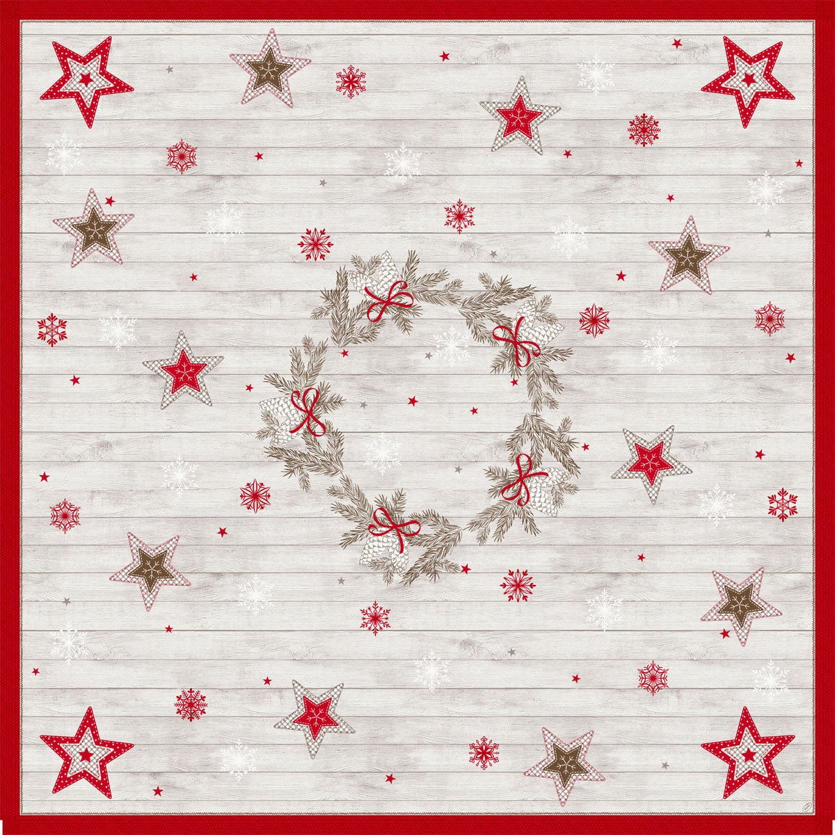 Το Dunicel-Mitteldecke 84x84cm Cozy Winter από την Duni GmbH δείχνει ένα στεφάνι από κλαδιά και κόκκινες κορδέλες, με κόκκινα και μπεζ αστέρια και νιφάδες χιονιού σε ανοιχτό ξύλινο φόντο. Ιδανική εορταστική διακόσμηση, διαθέσιμη σε συσκευασίες των 20 τεμαχίων.