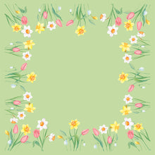 Die Bio-Dunicel-Mitteld.84x84 Frühlingsmelodie-Servietten der Duni GmbH zeigen ein grünes Quadrat, das mit gelben Narzissen, weißen Narzissen und rosa Tulpen umrandet ist - ein frischer Akzent für den Frühlingstisch. Die Mitte ist einfarbig. Packung mit 20 Stück.