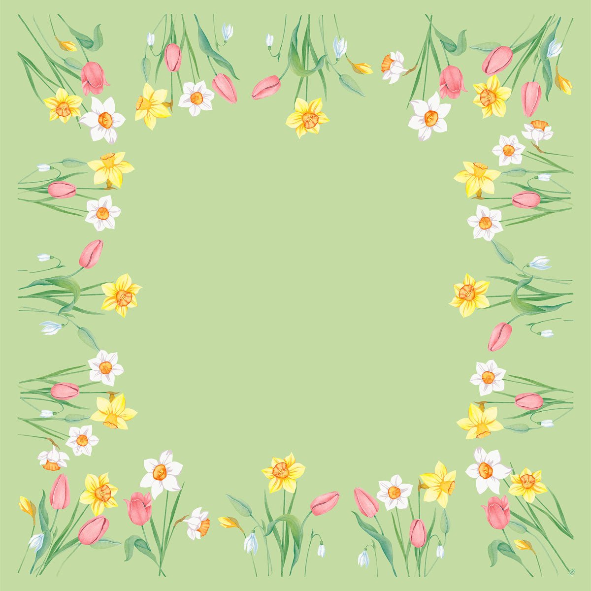 Το τραπεζομάντηλο Dunisilk MD Spring Melody 84x84 cm από την Duni GmbH δείχνει ένα ανοιχτό πράσινο φόντο με ένα περίγραμμα από ακουαρέλες λουλουδιών, συμπεριλαμβανομένων τουλιπών και νάρκισσων - ιδανικό για κομψή διακόσμηση τραπεζιού άνοιξης. Συσκευασία με 20 τεμάχια.
