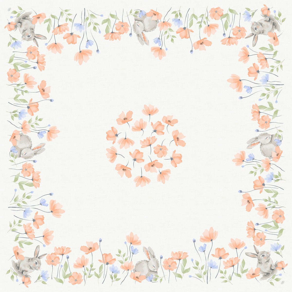 Αυτό το λευκό τραπεζομάντηλο Bio-Dunicel-Mitteld.84x84 Bunny Bloom από την Duni GmbH δείχνει πορτοκαλί και μπλε υδατογραφίες λουλουδιών, πράσινα φύλλα και γκρι κουνελάκια στις γωνίες με ένα στεφάνι λουλουδιών στη μέση. Περιέχει 20 χαρτοπετσέτες ανά συσκευασία.