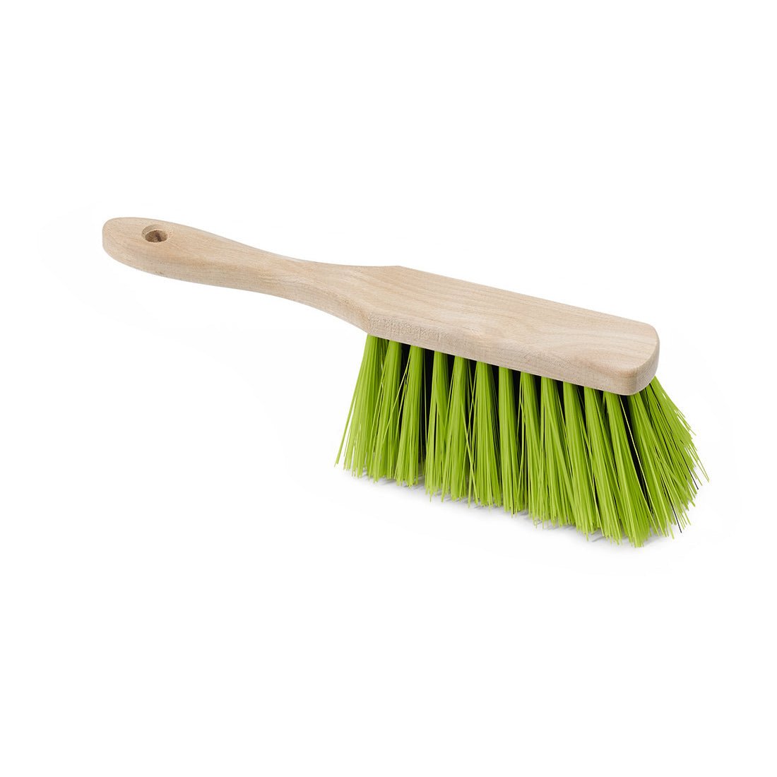 Ο Nölle Profi Brush Prestige Handfeger 29 cm από την Nölle Profi Brush Bürsten- & Pinseltechnik e.K. χαρακτηρίζεται από μια λαβή από ανοιχτό ξύλο οξιάς και πράσινες ίνες Elaston, οι οποίες απεικονίζονται σε λευκό φόντο.