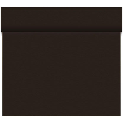 Das Duni GmbH Bio-DC-Tete a Tete 0,4x24m ist ein solides dunkelbraunes Rechteck aus biologisch abbaubarem Material, mit einem subtilen horizontalen Schatten oder einer Falte in der Nähe der oberen Kante, dargestellt auf einem weißen Hintergrund.