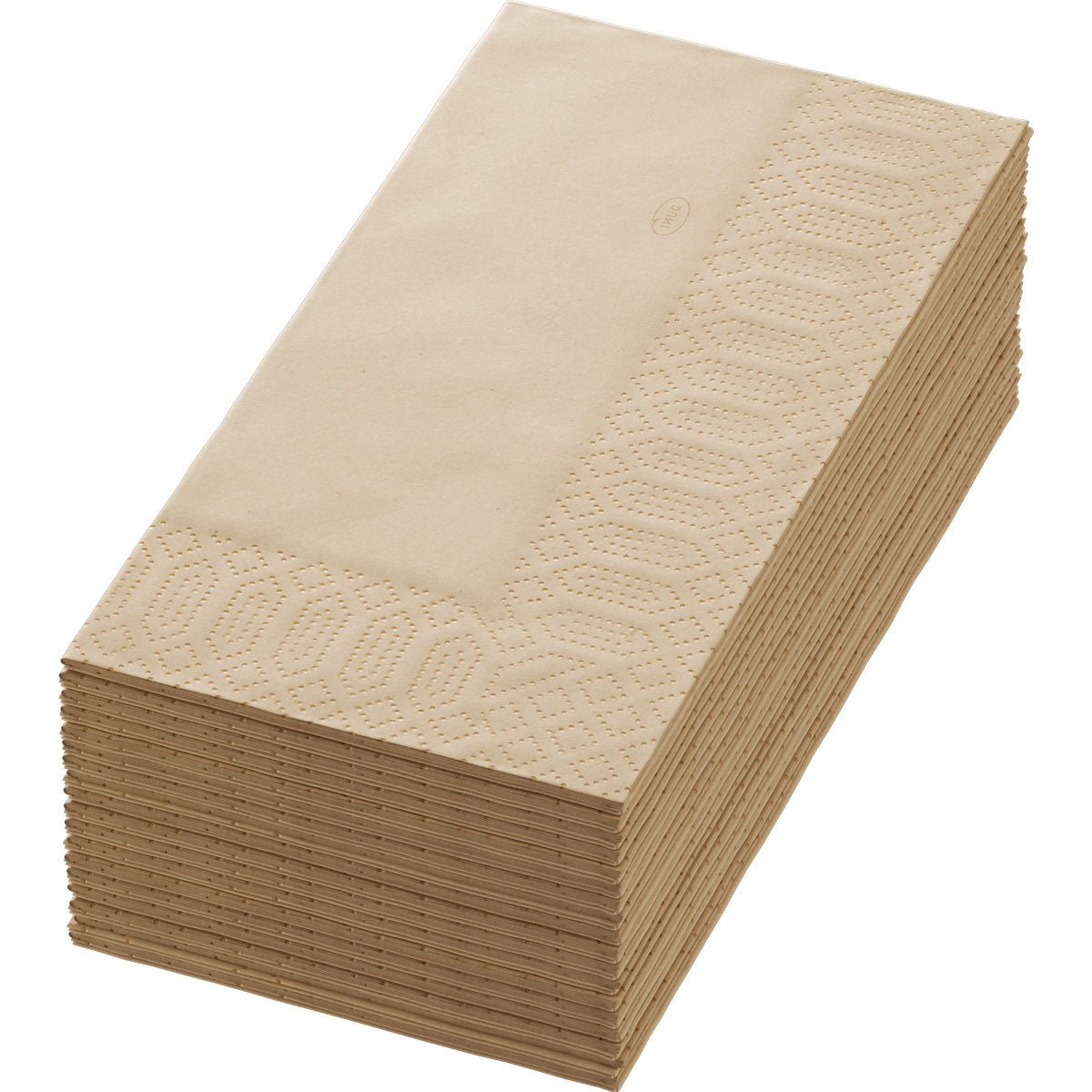 Μια στοίβα από χαρτοπετσέτες 40x40 3lg 1/8 Wiese natur της Duni GmbH (250 τεμάχια), καφέ, με λεπτή υφή και καθαρά διπλωμένες σε λευκό φόντο.