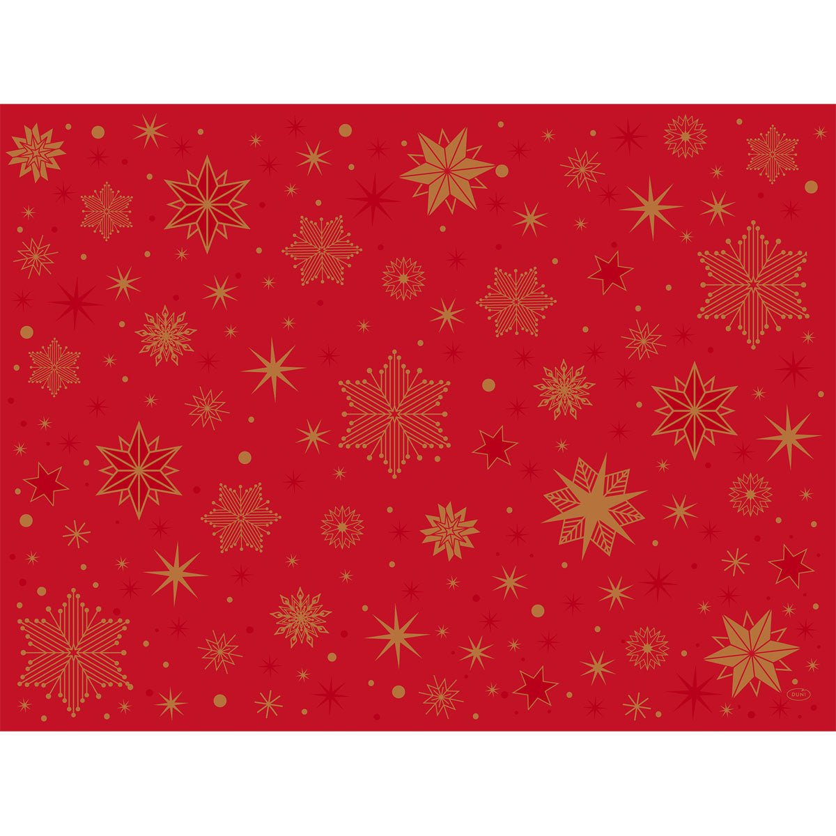 Τα Duni GmbH Papier-Tischsets 30x40 cm σε κόκκινο Stargazing κοσμούνται με χρυσές νιφάδες χιονιού και αστέρια για μια εορταστική ατμόσφαιρα - ιδανικά για γιορτές, διαθέσιμα σε συσκευασία των 250 τεμαχίων.