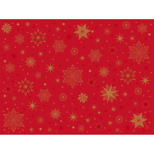 Die Duni GmbH Papier-Tischsets 30x40 cm in Stargazing rot zieren goldene Schneeflocken und Sterne für ein festliches Ambiente - ideal für Feiern, erhältlich im 250er-Pack.
