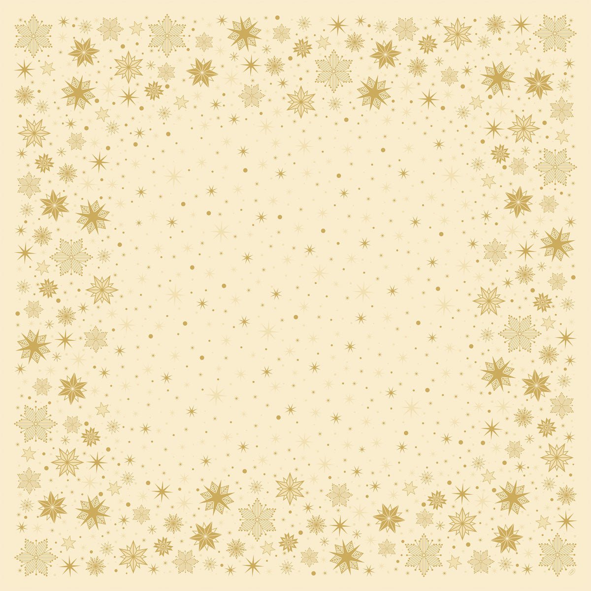 Η βιολογική μεσαία πετσέτα Dunicel 84x84cm Stargazing cream της Duni GmbH έχει ένα ανοιχτό κίτρινο φόντο με ένα χρυσό περίγραμμα από νιφάδες χιονιού και αστέρια, το οποίο είναι πυκνό στις άκρες και πιο αραιό προς το κέντρο - ιδανικό για τη διακόσμηση του τραπεζιού. Συσκευασία με 20 τεμάχια.