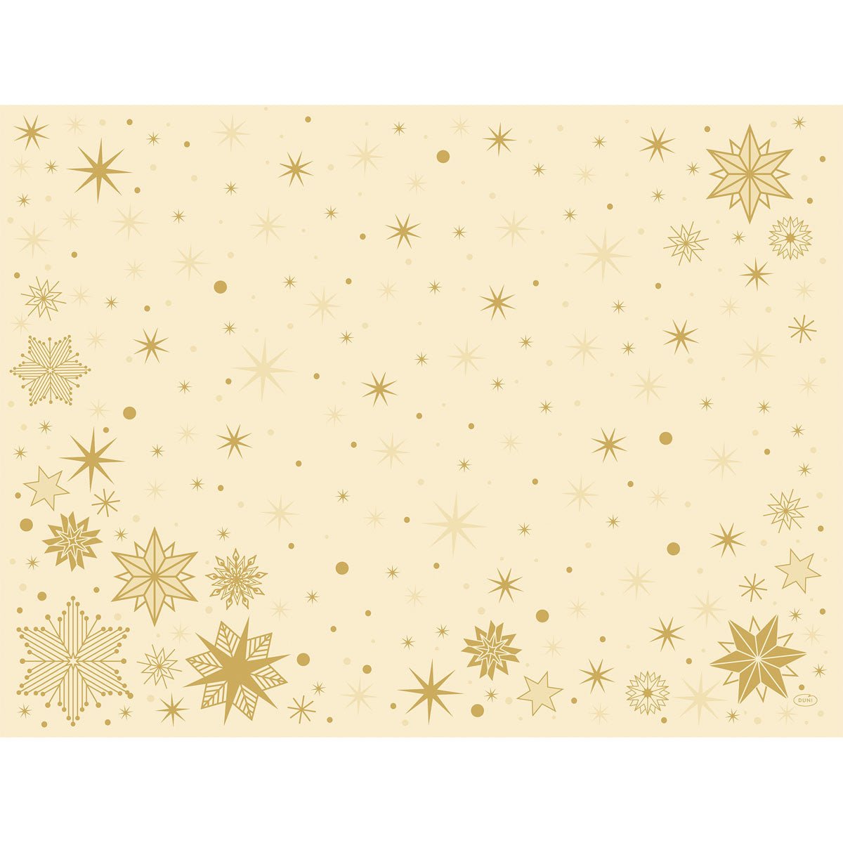 Τα σετ Bio-Dunicel 30x40 Stargazing cream της Duni GmbH έχουν ένα μπεζ φόντο με χρυσές νιφάδες χιονιού και αστέρια στην άκρη - μια εορταστική, κομψή εμφάνιση, ιδανική για μια βιώσιμη διακόσμηση τραπεζιού. Συσκευασία με 100 τεμάχια, βιοδιασπώμενα.
