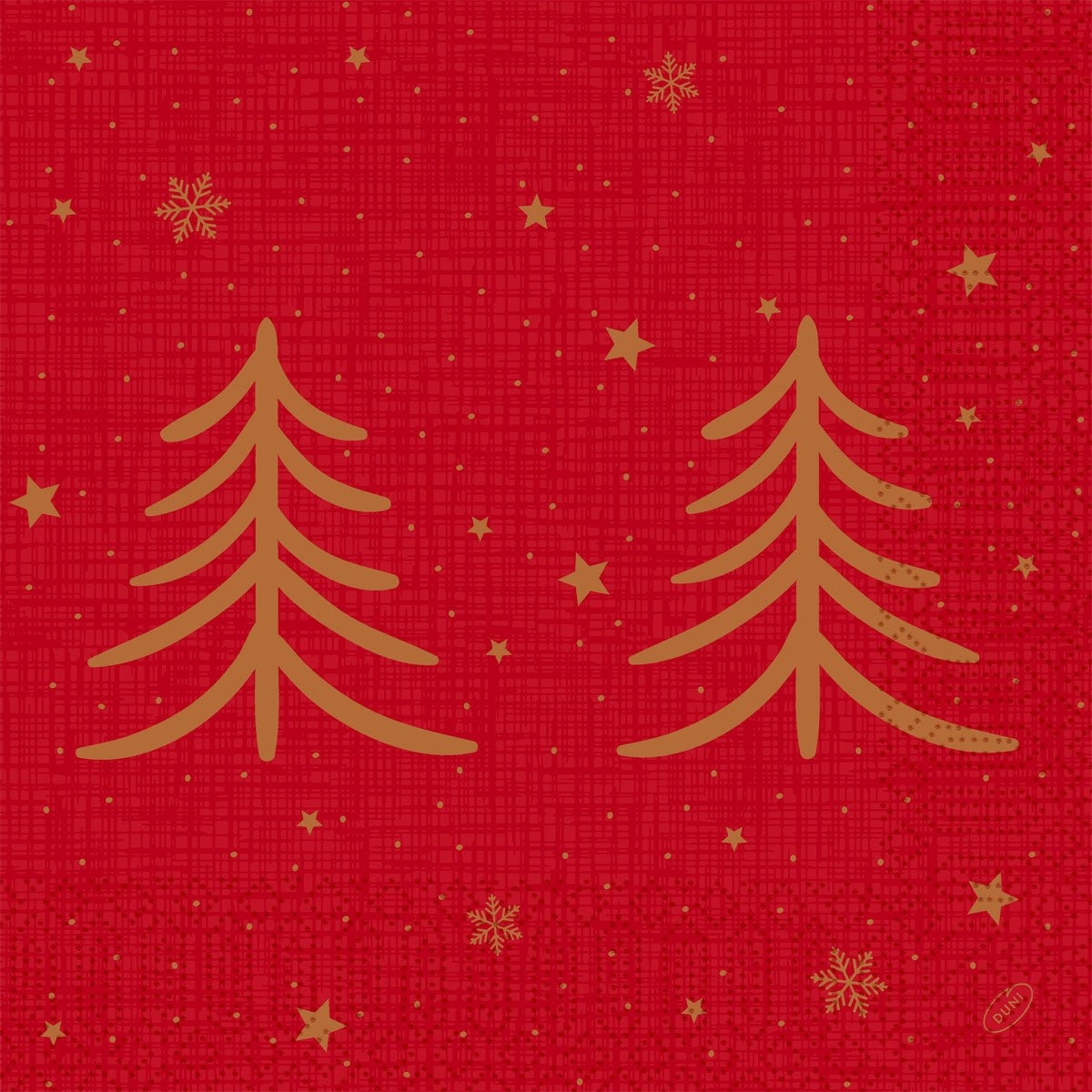 Οι χαρτοπετσέτες 40x40 3ply 1/4 Shimmer Trees (συσκευασία, 250 τεμάχια) της Duni GmbH δείχνουν δύο χρυσαφένια δέντρα σε ένα κόκκινο φόντο με χρυσά αστέρια και νιφάδες χιονιού - ιδανικό για να προσδώσετε κομψότητα σε κάθε εορταστικό τραπέζι.