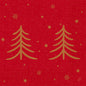 Οι χαρτοπετσέτες 40x40 3ply 1/4 Shimmer Trees (συσκευασία, 250 τεμάχια) της Duni GmbH δείχνουν δύο χρυσαφένια δέντρα σε ένα κόκκινο φόντο με χρυσά αστέρια και νιφάδες χιονιού - ιδανικό για να προσδώσετε κομψότητα σε κάθε εορταστικό τραπέζι.