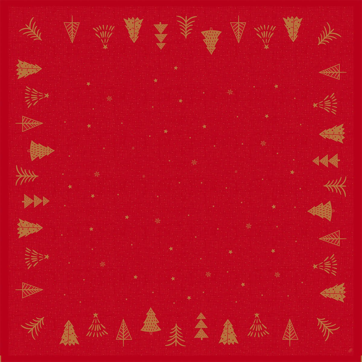 Η βιολογική μεσαία πετσέτα Dunicel 84x84cm Shimmer Trees από την Duni GmbH έχει ένα κόκκινο, τετράγωνο σχέδιο με χρυσά περιθώρια χριστουγεννιάτικων δέντρων και διάσπαρτα χρυσά αστέρια - ιδανική για ένα φιλικό προς το περιβάλλον γιορτινό τραπεζομάντιλο. Συσκευασία: 20 κομμάτια.