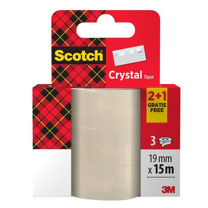 Συσκευασία προσφοράς κολλητικής ταινίας Scotch® Crystal της 3M: Τρεις ρολά (19 mm x 15 m), ένα εκ των οποίων δωρεάν. Διαφανής κολλητική ταινία για καθημερινή χρήση. Συσκευασία με κόκκινο καρό μοτίβο και κίτρινη ετικέτα "2+1 ΔΩΡΕΑΝ".