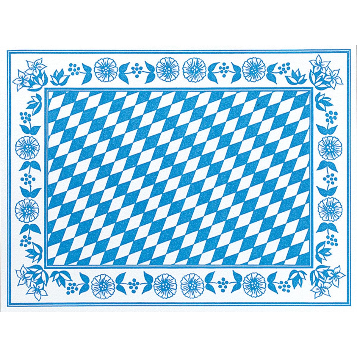 Τα Dunicel Tischsets 30x40 cm Bayer Raute της Duni GmbH δείχνουν ένα μπλε-λευκό μοτίβο με ρόμβους με μπλε άνθη και φύλλα σε λευκό φόντο - ιδανικό για κομψές περιστάσεις. Συσκευασία με 100 τεμάχια.