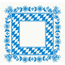 Ένα τετράγωνο Dunicel τραπεζομάντηλο 84x84 cm από την Duni GmbH με μπλε-λευκό περίγραμμα Bayer-Raute, μπλε πλαίσιο λουλουδιών σε λευκό φόντο και κενό κέντρο - ιδανικό για μια κομψή διακόσμηση τραπεζιού. Συσκευασία: 20 τεμάχια.