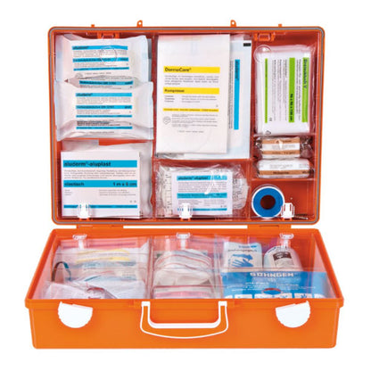 Το W. Söhngen GmbH Erste-Hilfe Senioren Heim und Pflege MT-CD πορτοκαλί γεμάτο Erste Hilfe Kasten (1 κομμάτι) περιέχει τακτοποιημένα ιατρικά αναλώσιμα όπως επιδέσμους Aluderm®, γάζες, λωρίδες, ταινίες, ψαλίδια, γάντια και υγρά απολυμαντικά μαντηλάκια.