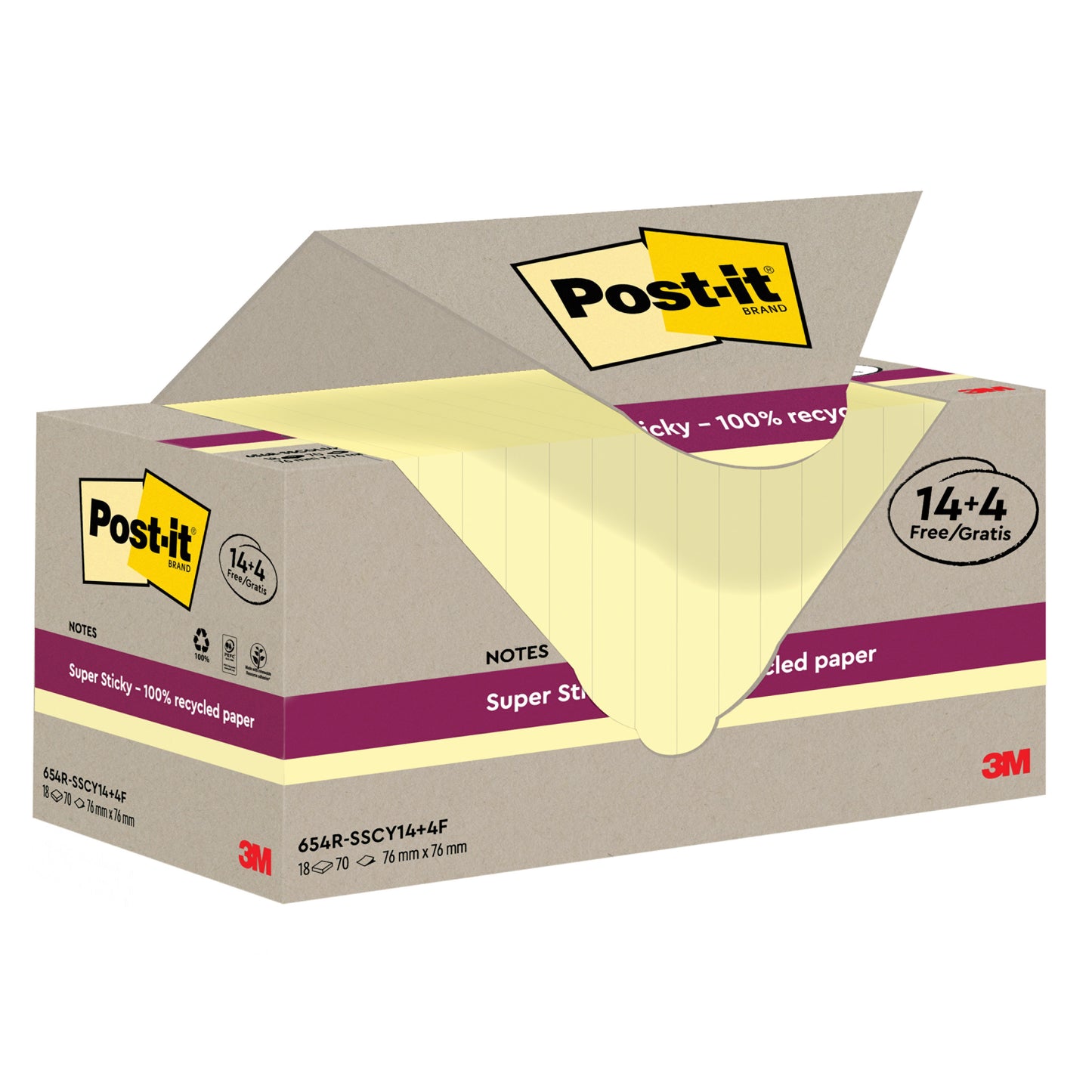 Eine Schachtel Post-it® Super Sticky 100% Recycling Notes der 3M Deutschland GmbH enthält 18 Blöcke (76x76 mm, je 70 Blatt) mit einem 14+4 Gratis-Angebot. Hergestellt aus PEFC-zertifiziertem Recyclingpapier. Die Box zeigt gelbe Zettel im Inneren.
