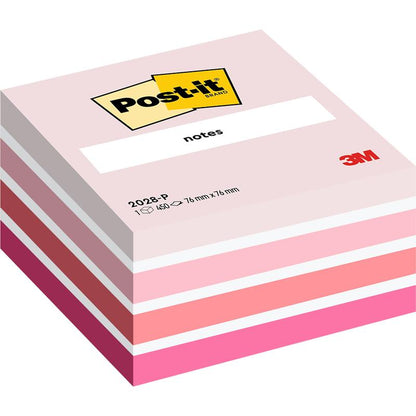 Ένας κύβος σημειώσεων 3M Post-it® 76 x 76 mm, 450 φύλλα ανά μπλοκ, σε ροζ αποχρώσεις με το λογότυπο 3M και "notes" στην κορυφή. Κατασκευασμένο από την 3M Deutschland GmbH, 100% πιστοποιημένο από το PEFC.
