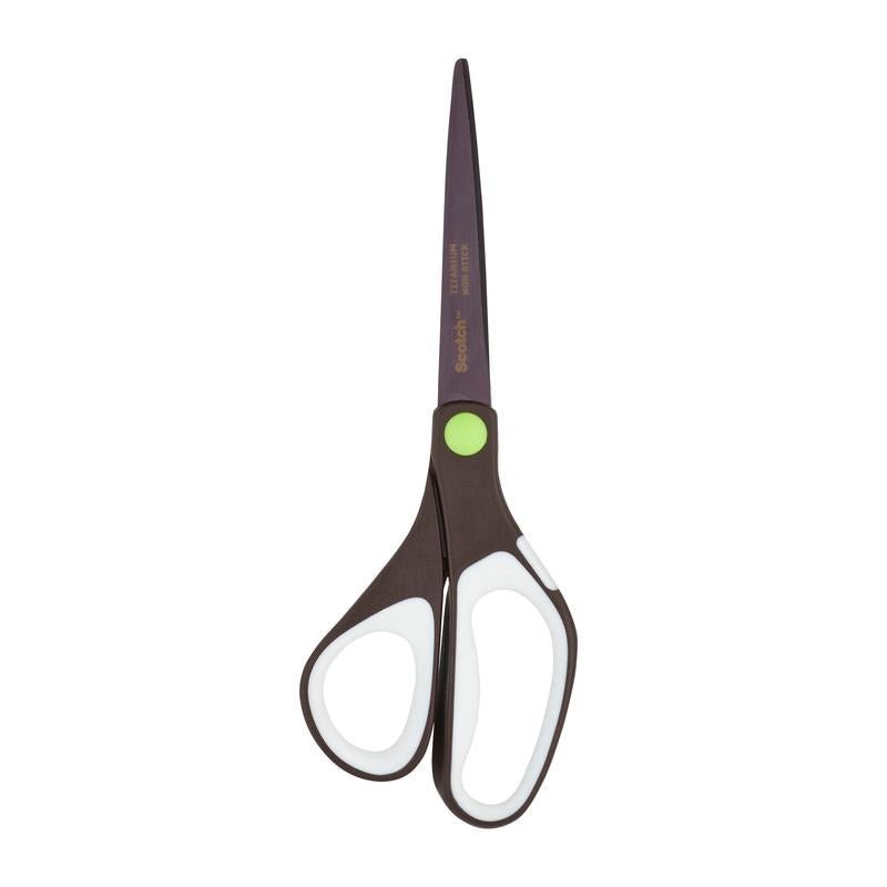 Το ψαλίδι Scotch™ Titan, 20 cm από την 3M Deutschland GmbH είναι ένα μαύρο ψαλίδι με λευκές και πράσινες πινελιές, μυτερή άκρη και εργονομικές λαβές σε λευκό φόντο.