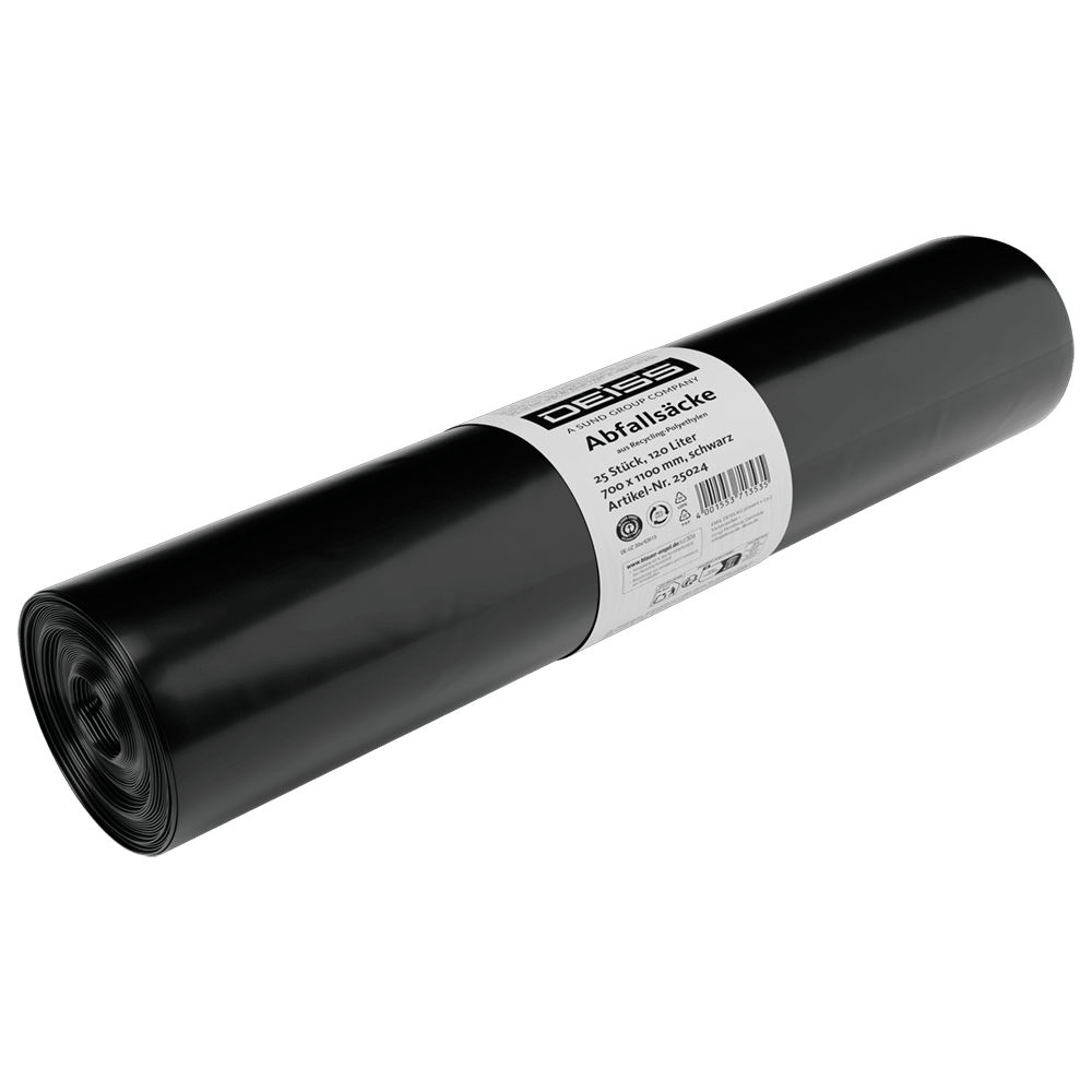 Οι σακούλες απορριμμάτων DEISS 25024 (700x1100 mm, τύπος 60, μαύρο, 25 τεμάχια/ρολό) από την EMIL DEISS KG (GmbH + Co.) με λευκή ετικέτα και σύμβολα διάθεσης - ιδανικές ως ανθεκτικές σακούλες απορριμμάτων σε λευκό φόντο.