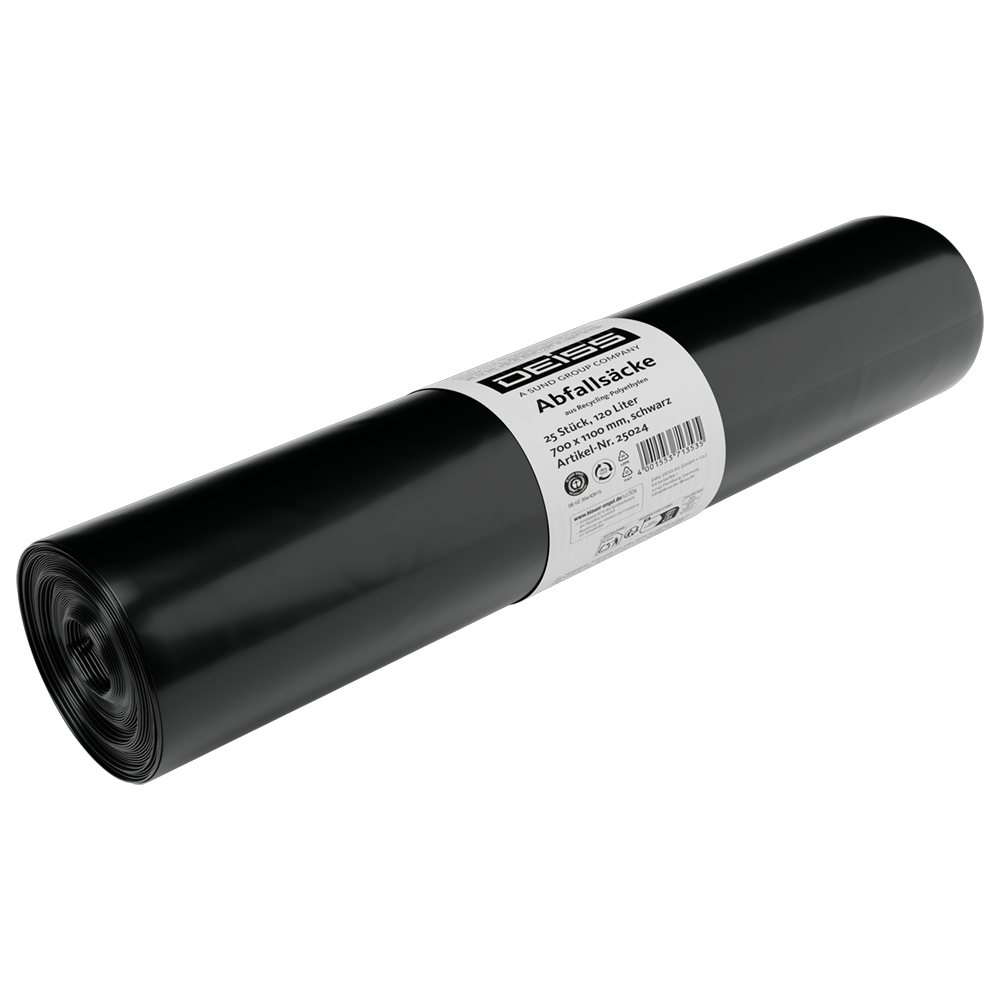 Die DEISS 25024 Müllsäcke (700x1100 mm, Typ 60, schwarz, 25 Stück/Rolle) von EMIL DEISS KG (GmbH + Co.) mit weißem Etikett und Entsorgungssymbolen - ideal als reißfeste Abfallbeutel auf weißem Hintergrund.