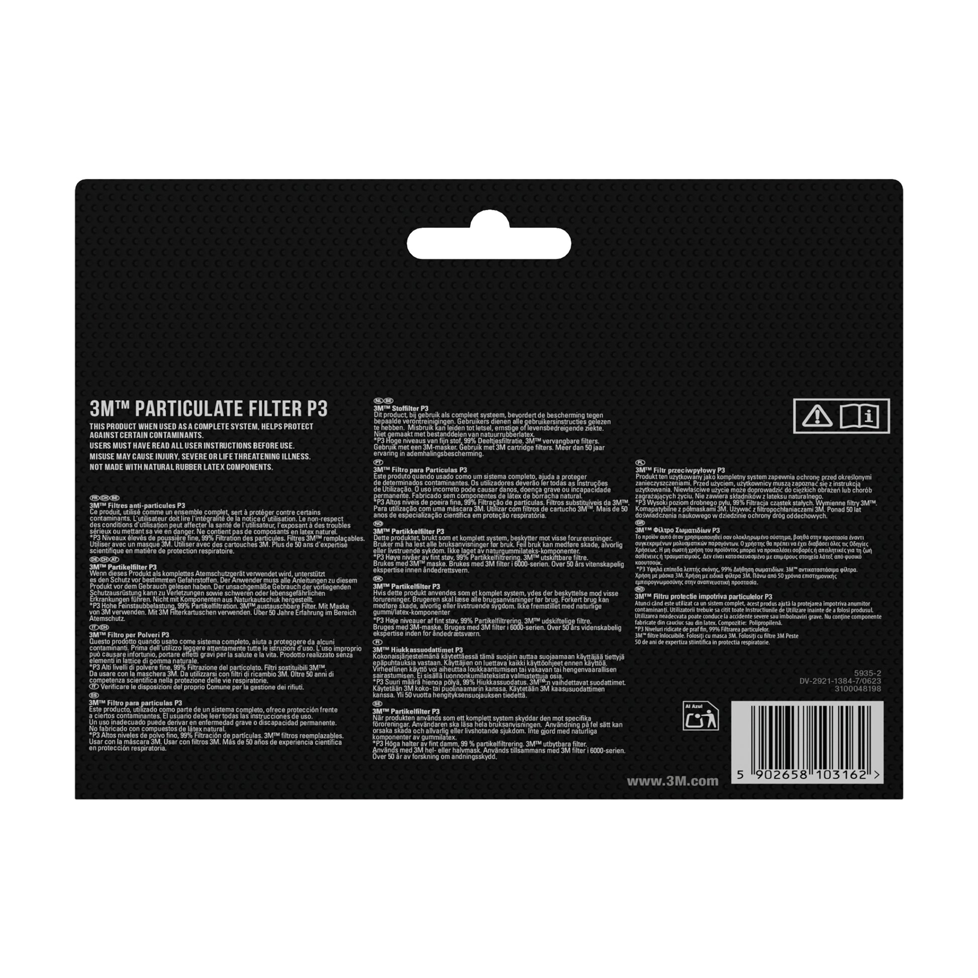 Schwarze, rechteckige Verpackung für 3M™ Partikelfilter 5925, P2 (10 Paar/Packung) von 3M Deutschland GmbH, mit weißem, mehrsprachigem Gebrauchs- und Sicherheitstext, Symbolen, einem Barcode unten rechts und einem mittigen Aufhängeschlitz oben.