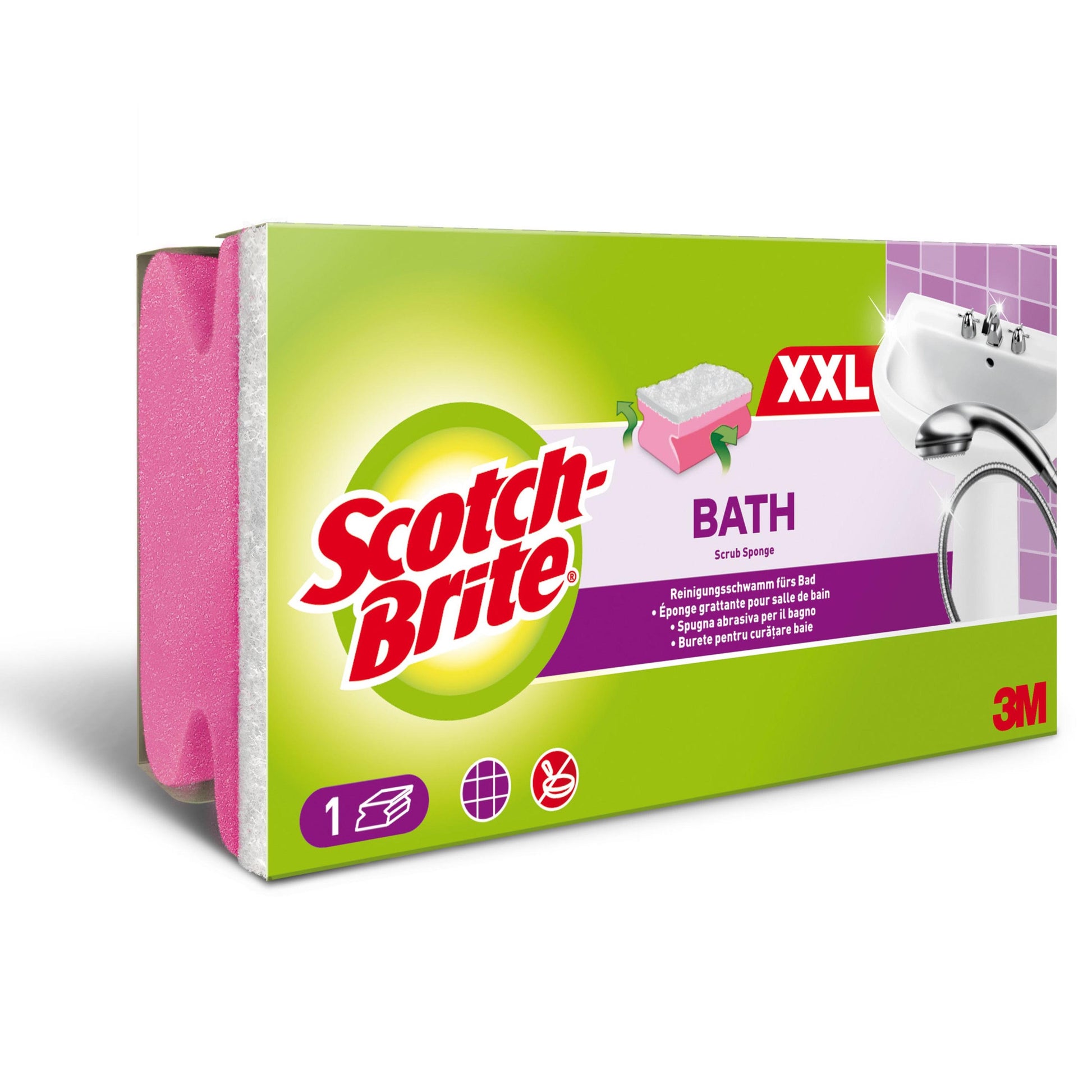 Eine Packung Scotch-Brite® Bath Griffschwamm XXL für das Bad (1 Stück) von 3M Deutschland GmbH, abgebildet mit einem rosa-weißen Badeschwamm, Produktdetails, Anwendungssymbolen, grün-lila Verpackung und dem 3M Logo unten rechts.