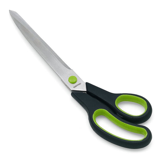 Το ψαλίδι ταπετσαρίας Nölle Profi Brush 2K11 με λεπίδες από ανοξείδωτο χάλυβα και εργονομικές λαβές σε μαύρο-πράσινο εξασφαλίζει ακριβείς κοπές· απεικονίζεται σε λευκό φόντο. Μάρκα: Nölle Profi Brush Βούρτσες & Τεχνική Πινέλων e.K.