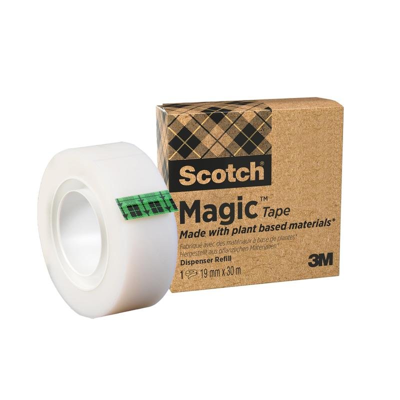 Ένας ρόλος ταινίας Scotch® Magic™ (19 mm x 30 m, 1 ρολό/συσκευασία) από την 3M Deutschland GmbH, κατασκευασμένος με 66% φυτική κόλλα, βρίσκεται δίπλα στη φιλική προς το περιβάλλον συσκευασία με το λογότυπο της 3M και λεπτομέρειες προϊόντος.