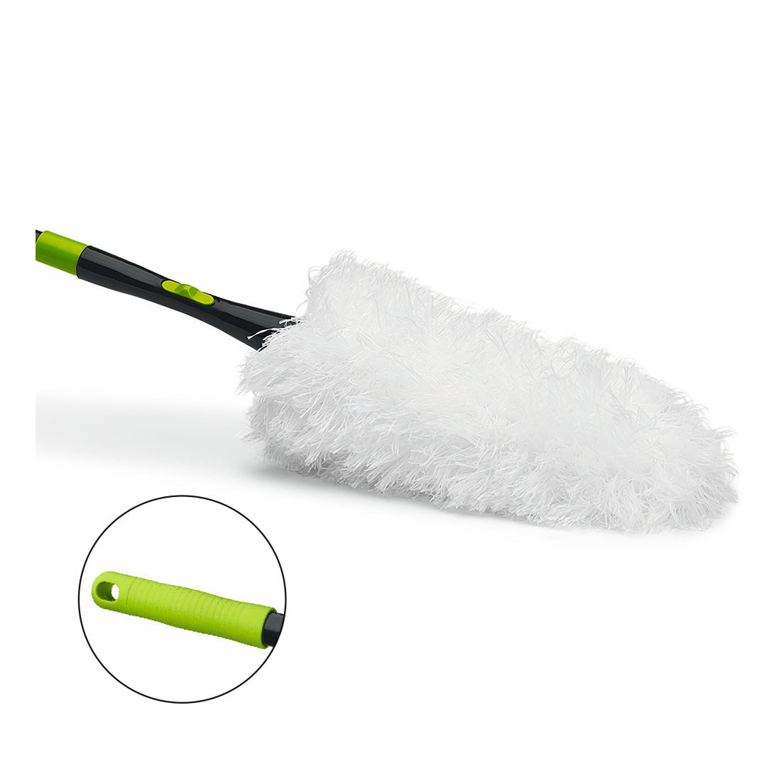 Der Nölle Profi Brush Microfaser Staubwedel mit Teleskopstiel (195 cm) von Nölle Profi Brush Bürsten- & Pinseltechnik e.K. hat einen flauschigen weißen Staubwedel und einen grün-schwarzen Stiel mit Aufhängeloch - ideal für effizientes Staubwischen.