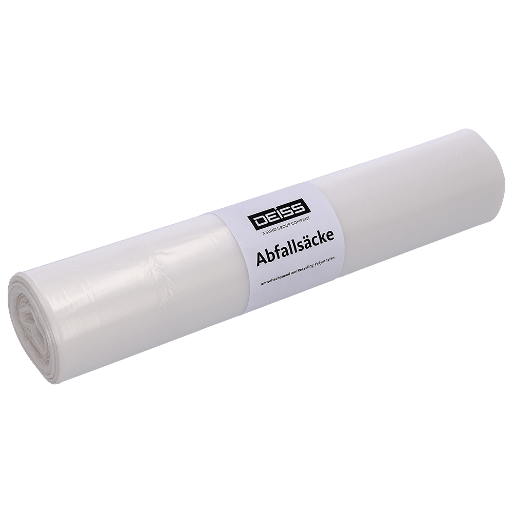 Ένας ρόλος σακούλες σκουπιδιών DEISS 29703 (575x1000 mm τύπος 60, διαφανής, 25 τεμάχια) από την EMIL DEISS KG σε μονόχρωμο φόντο - τέλειο για μια αποτελεσματική διαχείριση απορριμμάτων.